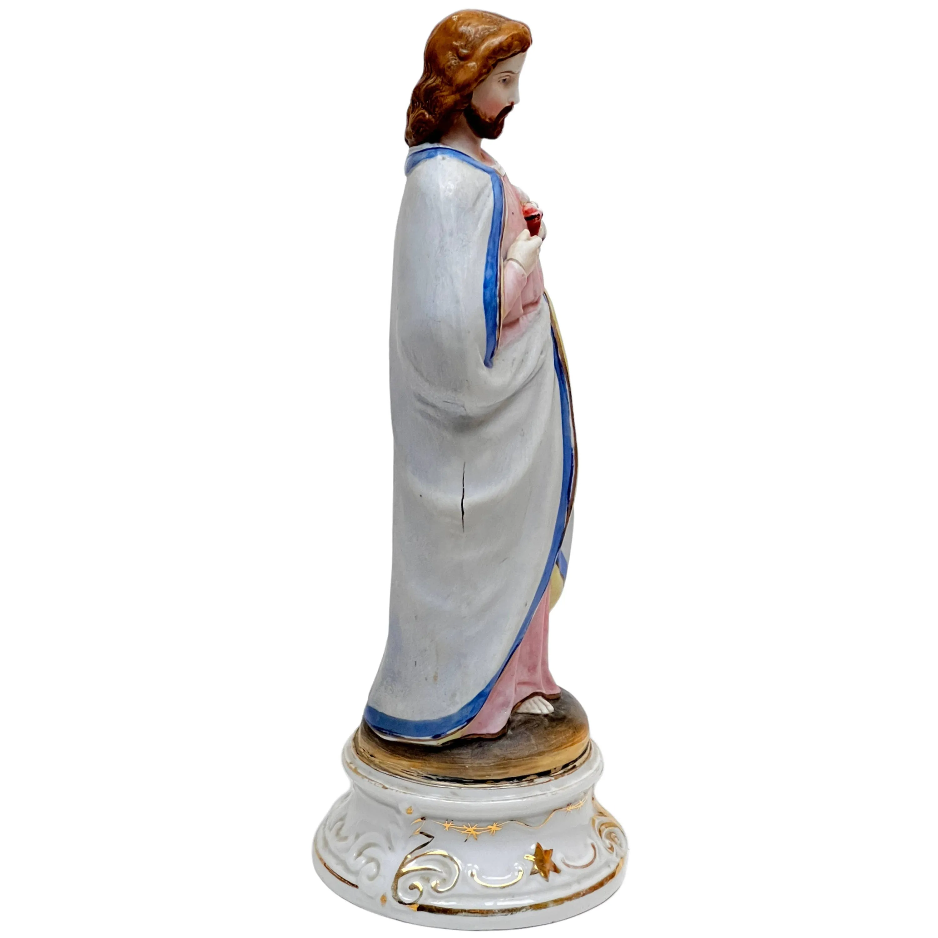 Antique Jesus Statue Sacred Heart Painted Porcelain 10.75