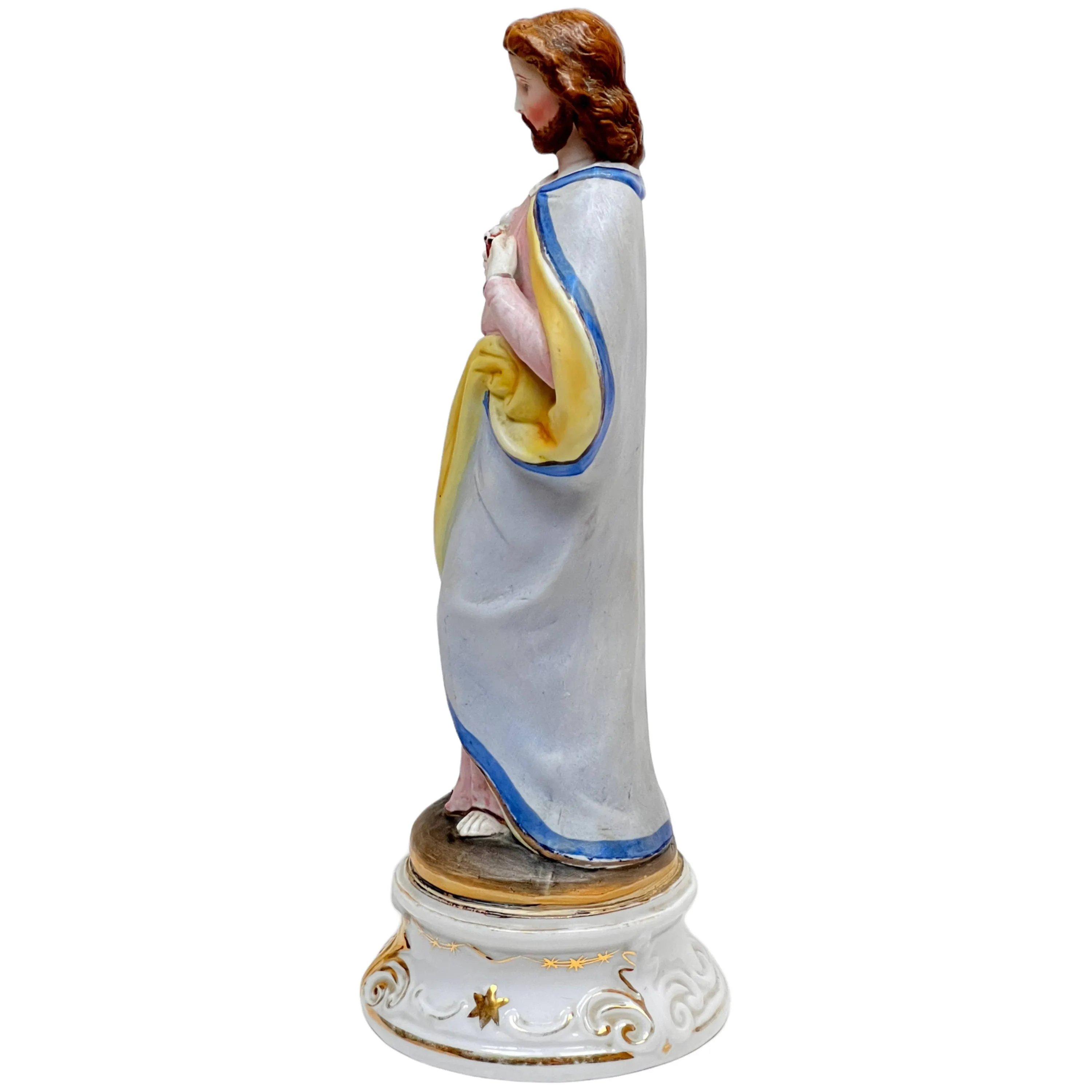 Antique Jesus Statue Sacred Heart Painted Porcelain 10.75