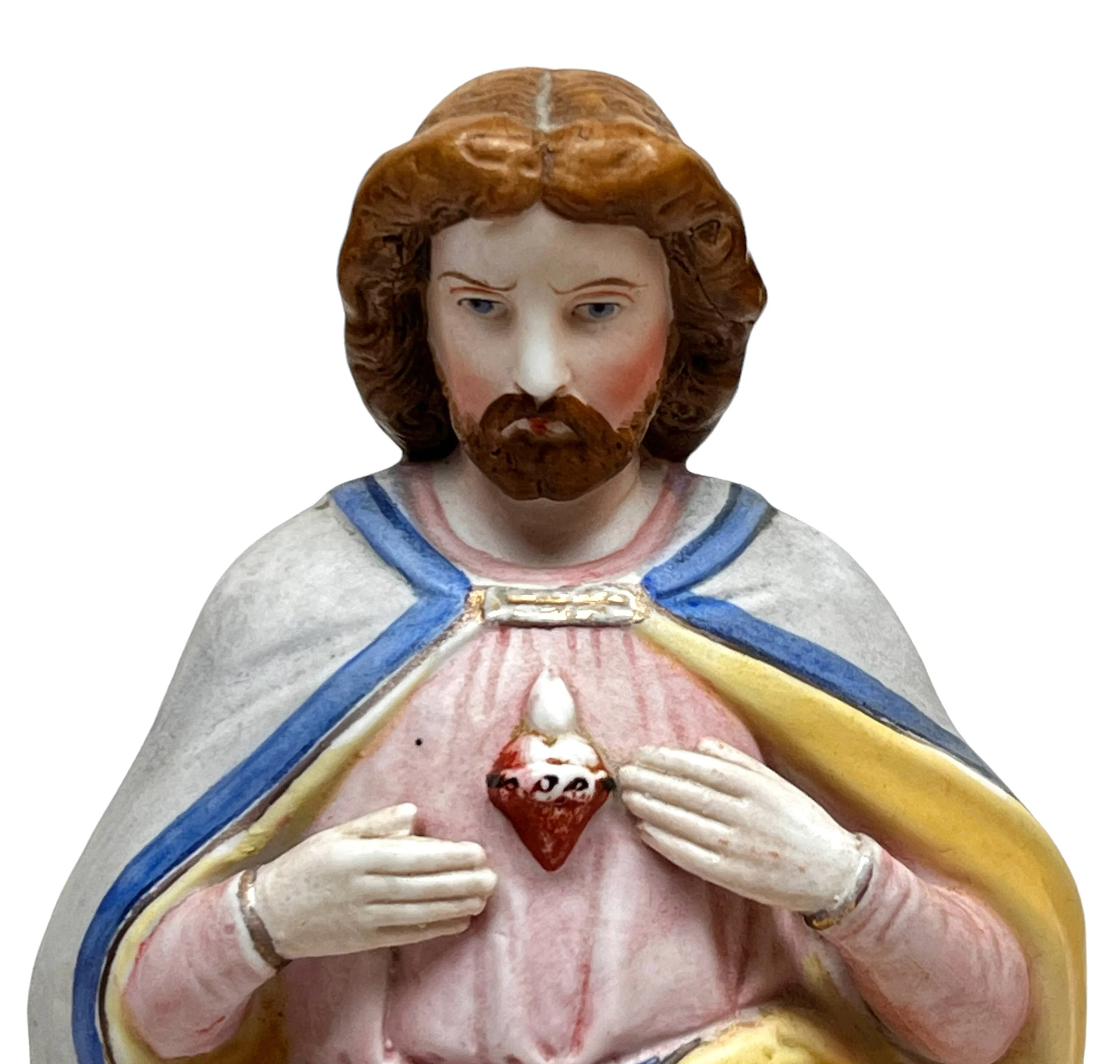 Antique Jesus Statue Sacred Heart Painted Porcelain 10.75