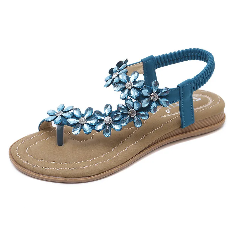 Bohemian Flower Rhinestone Flat Sandal