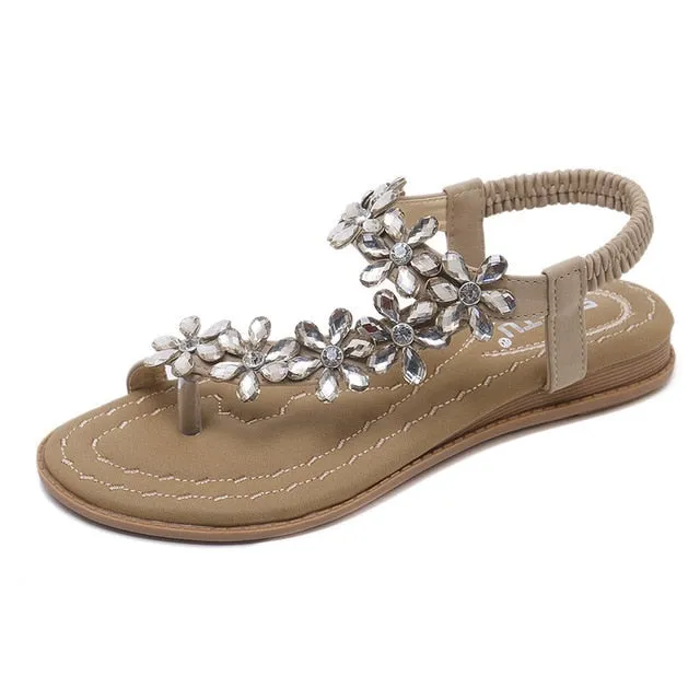 Bohemian Flower Rhinestone Flat Sandal