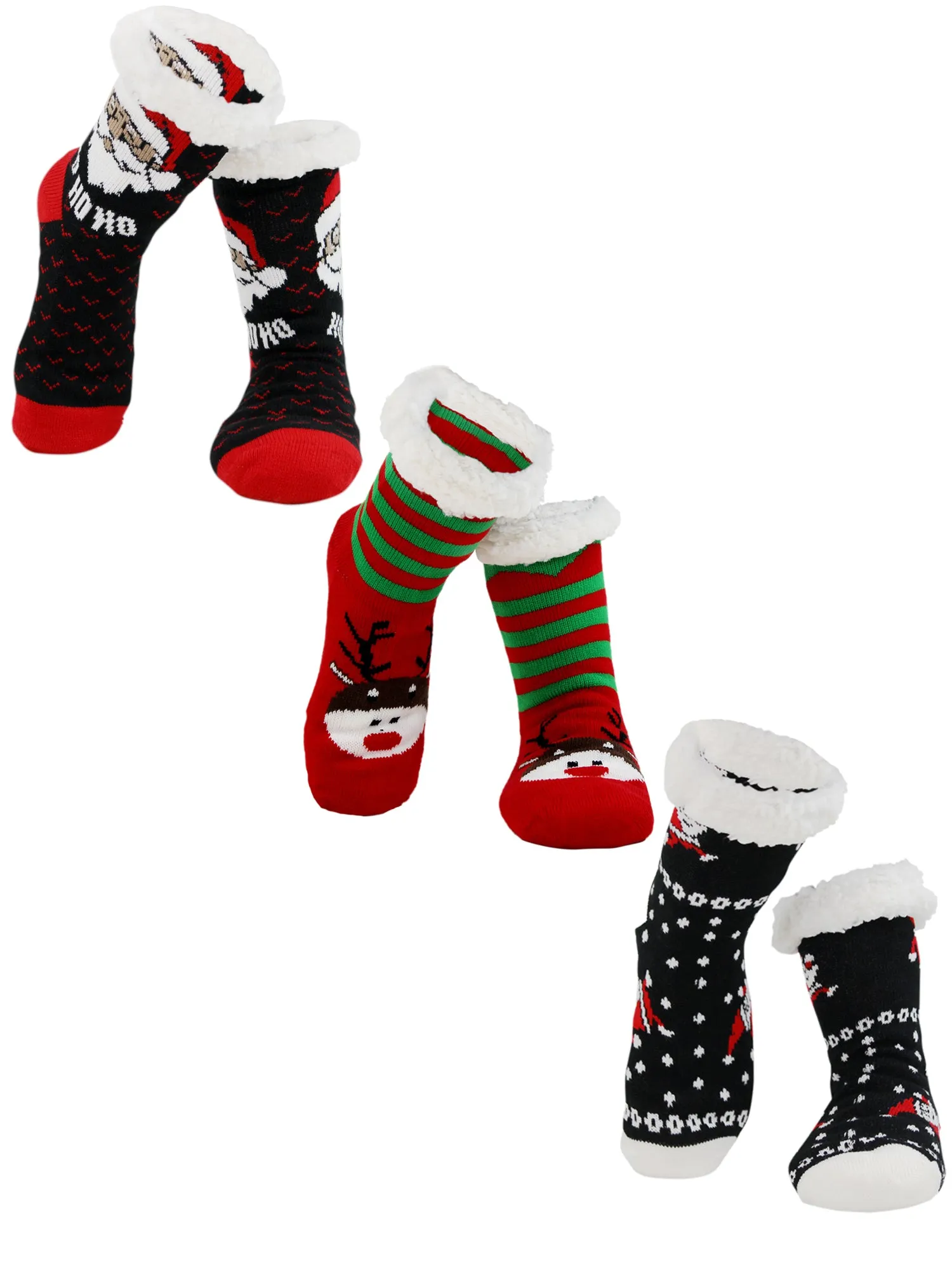 Christmas Holiday Reindeer and Santas Faux Sherpa Slipper Socks For Women