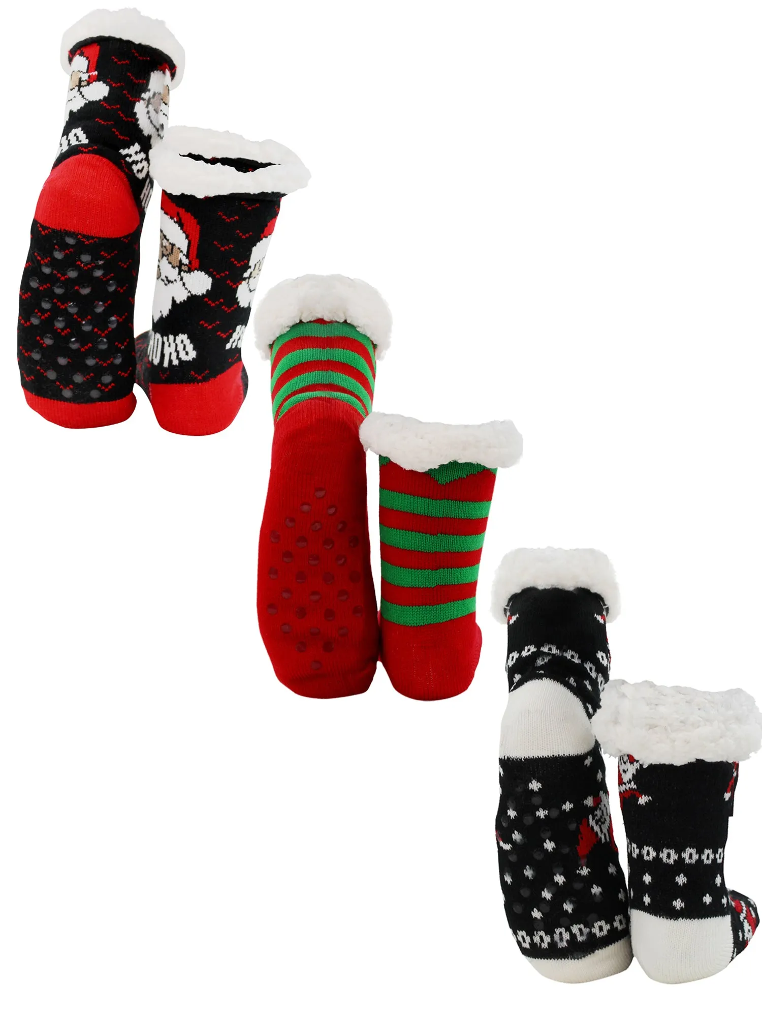 Christmas Holiday Reindeer and Santas Faux Sherpa Slipper Socks For Women