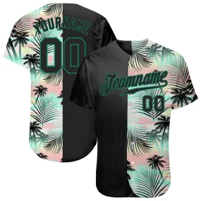 Custom Black Black-Kelly Green 3D Pattern Design Tropical Palm Leaves Authentic Baseball Jersey