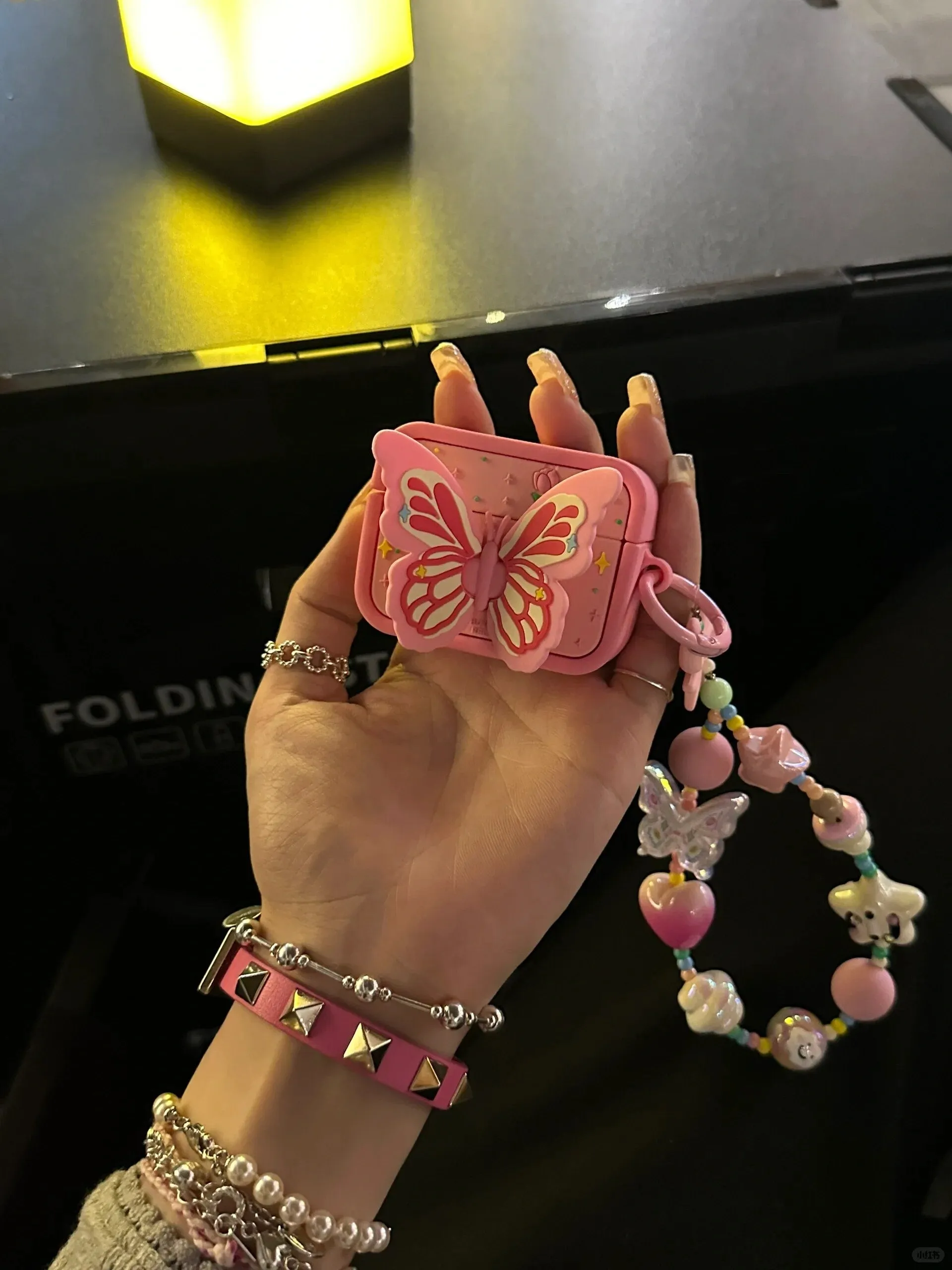 Cute Pink Foldable Butterfly Wings Stand Design Protective Cover AirPods Case   Beads Strap for AirPods 1 2 3 Pro 2 Generation Shockproof