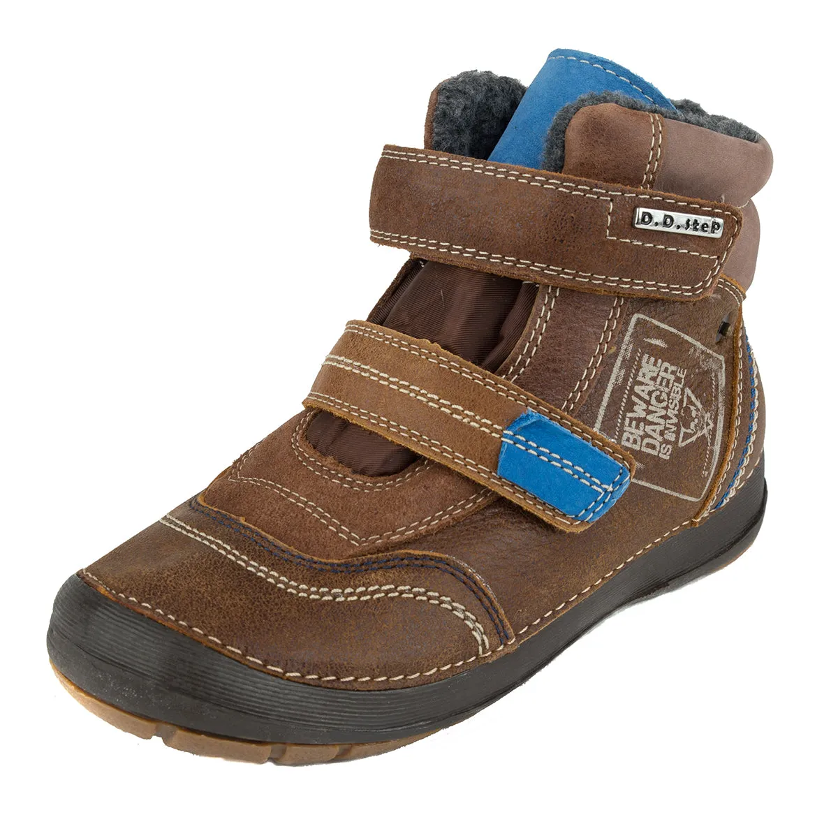 D.D. Step big kid shoes/winter boots with faux fur insulation brown and blue size US 13-4