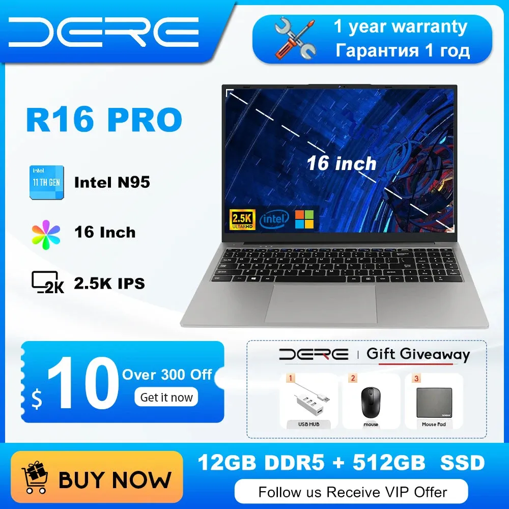 DERE Laptops R16 Pro 16" 2.5K IPS Ultra HD 12th Gen Intel N95 Processor 3.4Ghz 12GB DDR5 512GB SSD Windows 11 Ultrabook Notebook