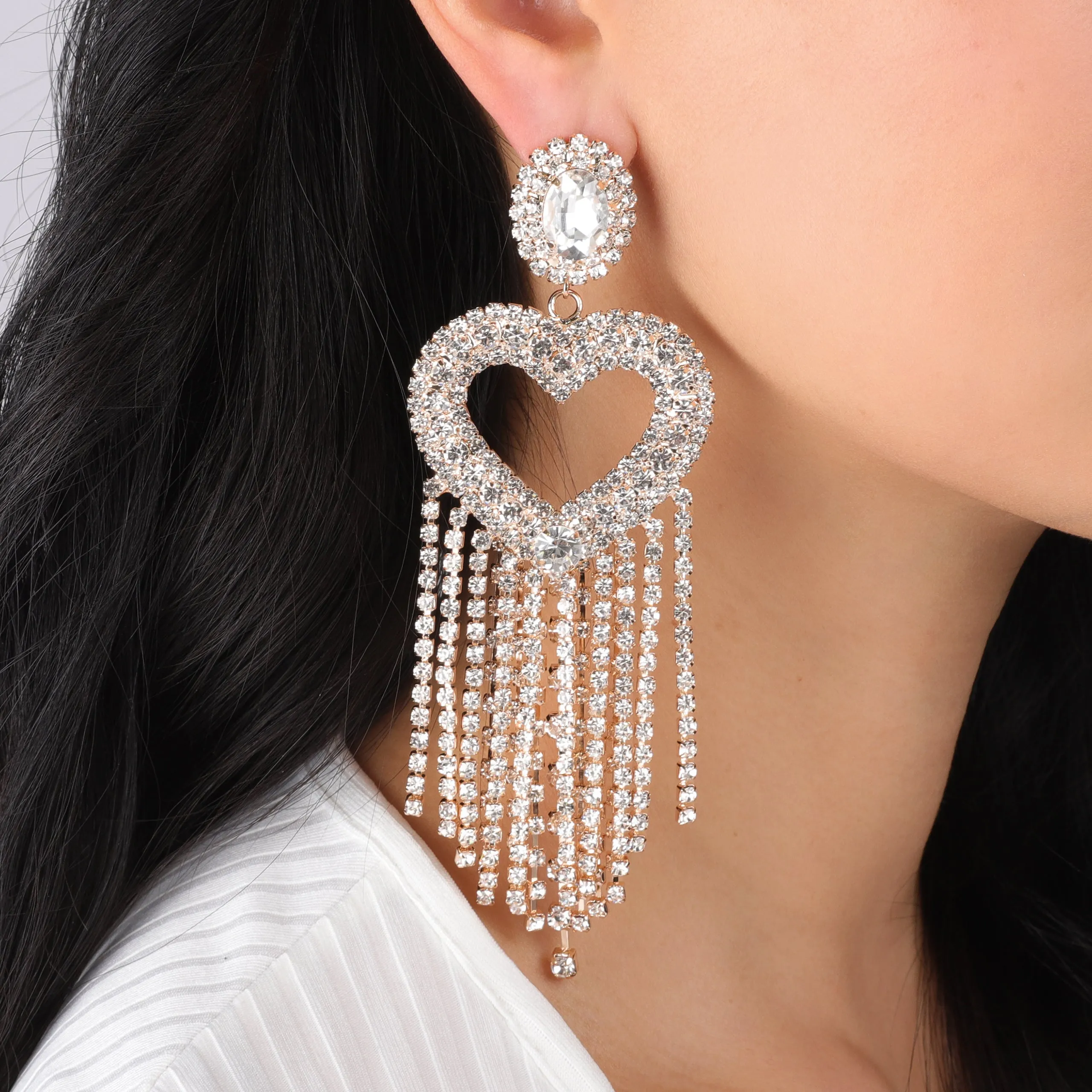 Infinity Heart Rhinestone Fringe Earrings