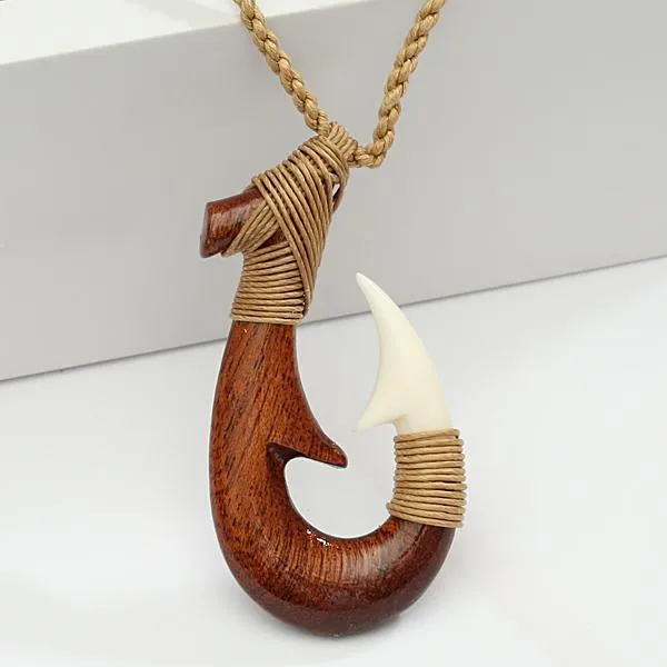 Koa Wood and Bone Classic Style Fish Hook Necklace 28x52mm