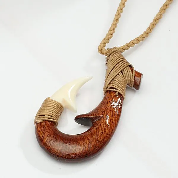 Koa Wood and Bone Classic Style Fish Hook Necklace 28x52mm