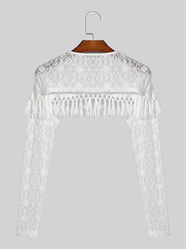 Mens Fringe Lace Patchwork See Through Crop Top SKUK53723