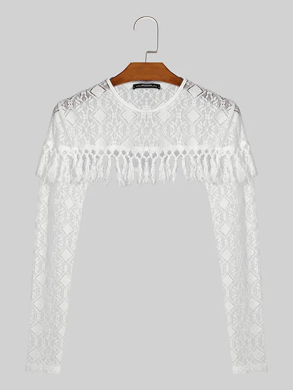 Mens Fringe Lace Patchwork See Through Crop Top SKUK53723