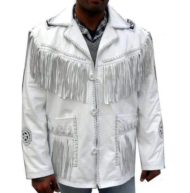 Men's Western Leather Jacket, Handmade Cowboy White Fringe Jacket