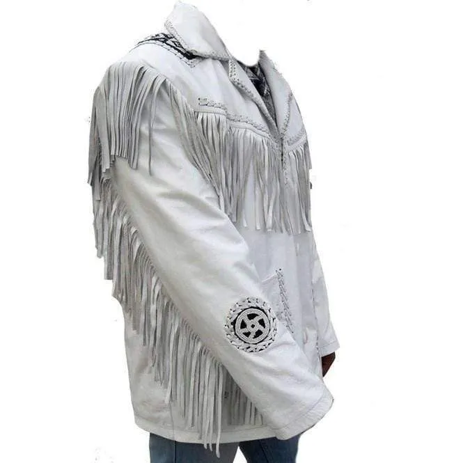 Men's Western Leather Jacket, Handmade Cowboy White Fringe Jacket