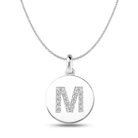 "M" Diamond Initial  14K White Gold Disk Pendant (0.17ct)