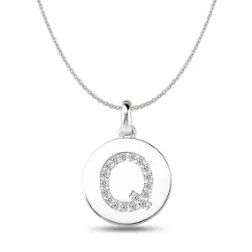 "Q" Diamond Initial 14K White Gold Disk Pendant (0.18ct)