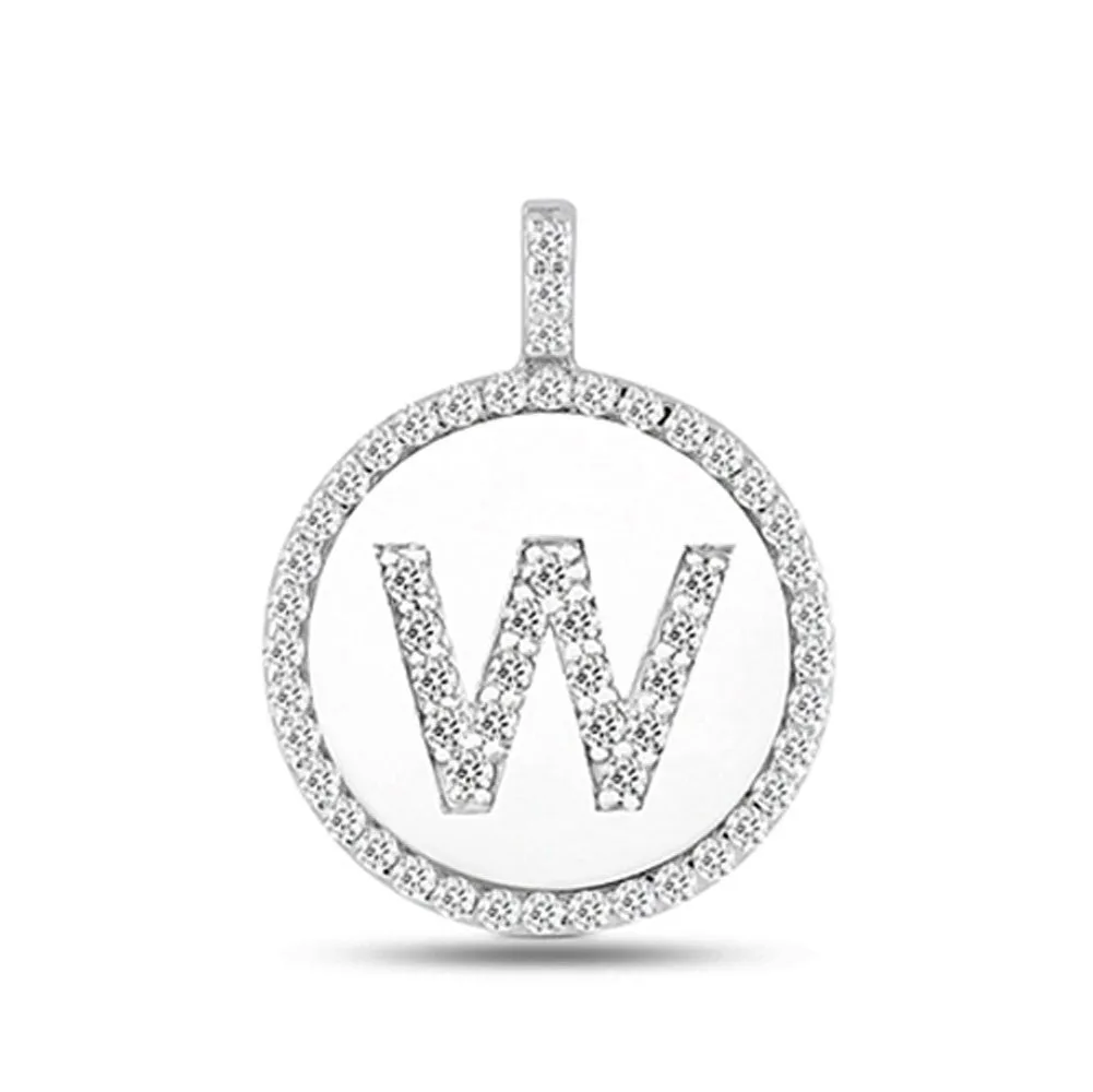 "W" Diamond Initial 14K White Gold Disk Pendant (0.60ct)