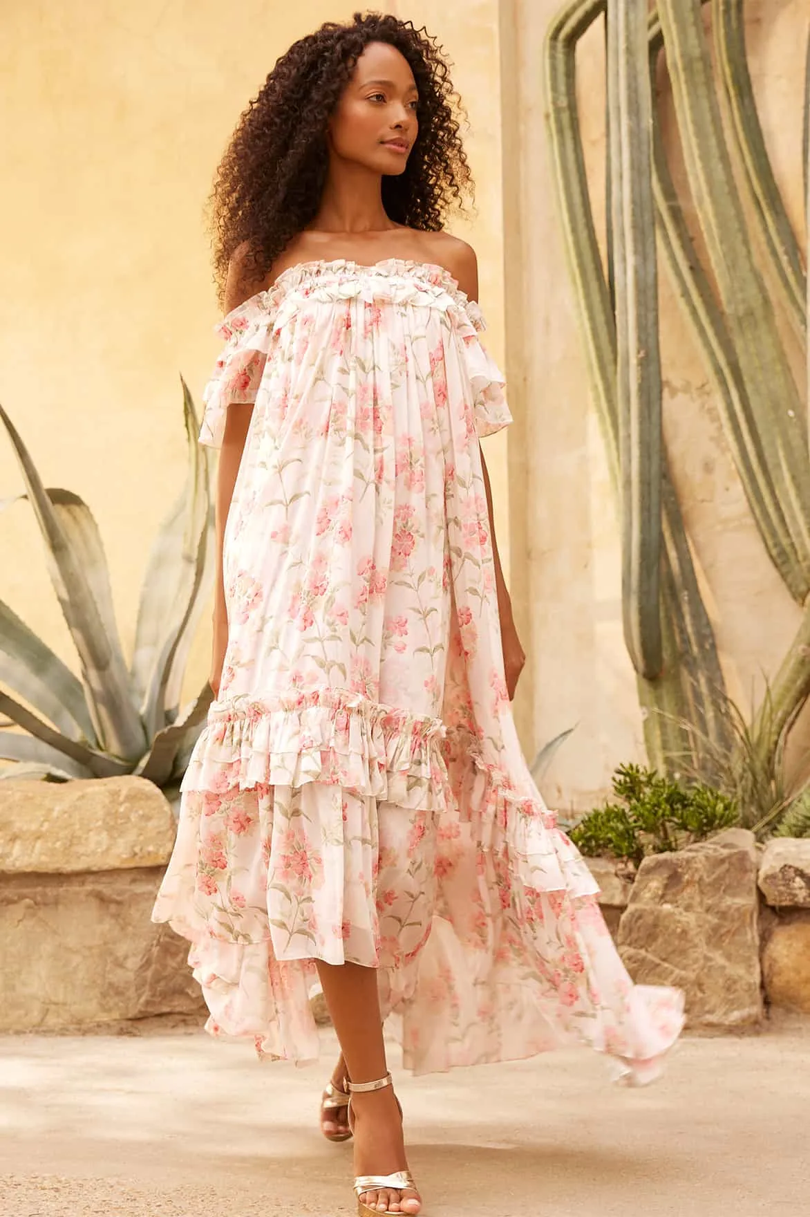 Summer Posy Aria Chiffon Off-Shoulder Ankle Gown