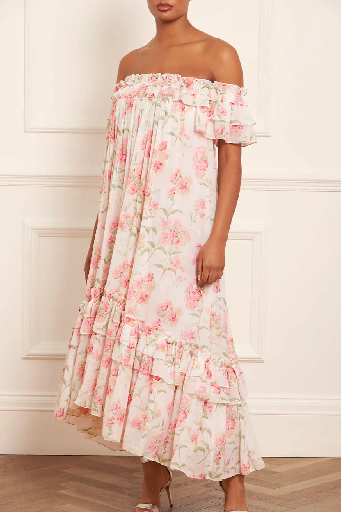 Summer Posy Aria Chiffon Off-Shoulder Ankle Gown