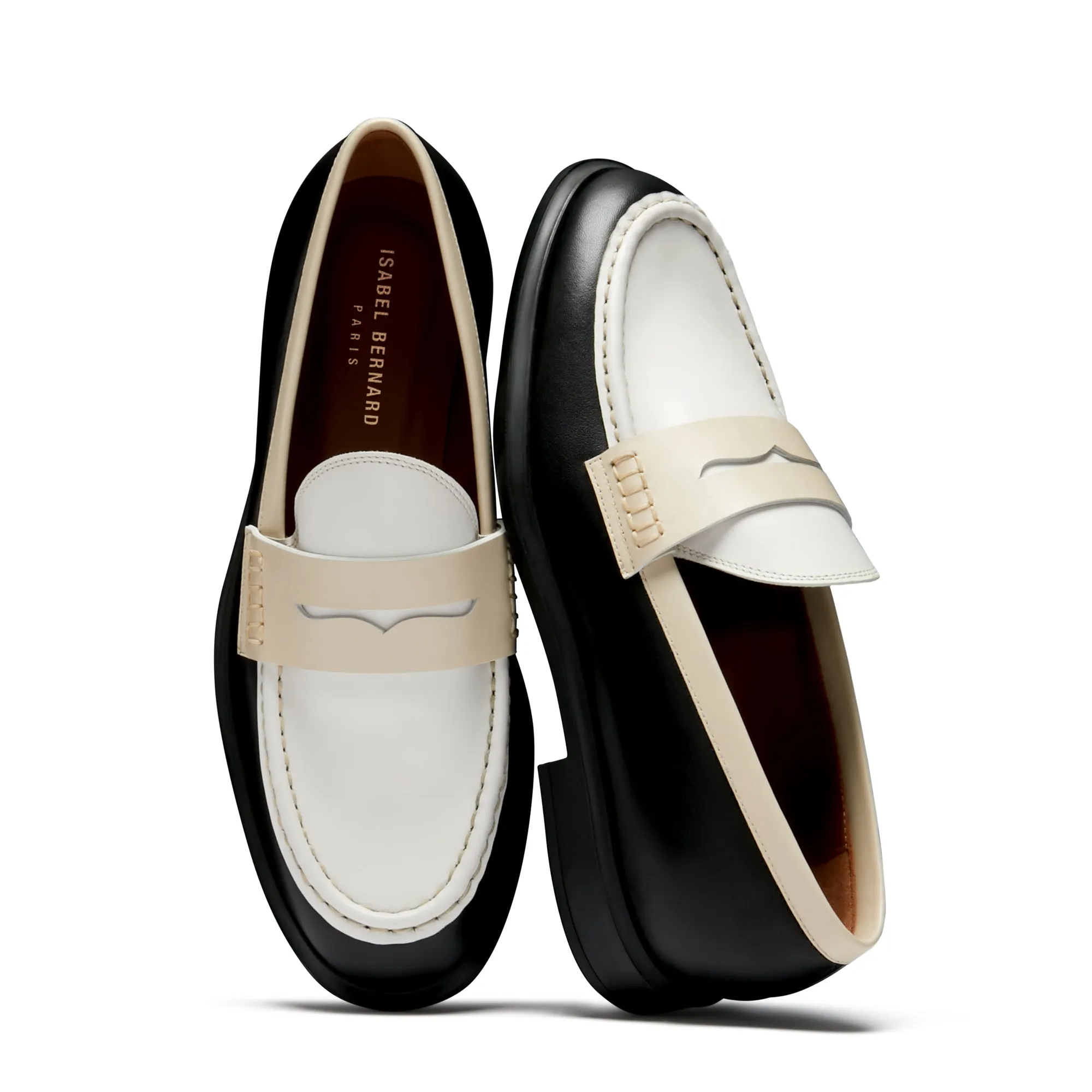 Vendôme Blandine black and white calfskin leather loafers with white details